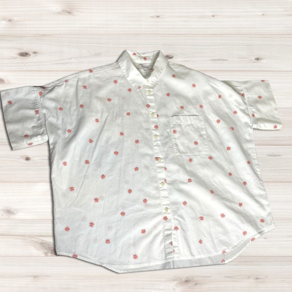 Madewell Button Down T-Shirt with Pink Daisy Pattern Embroidery | Size L